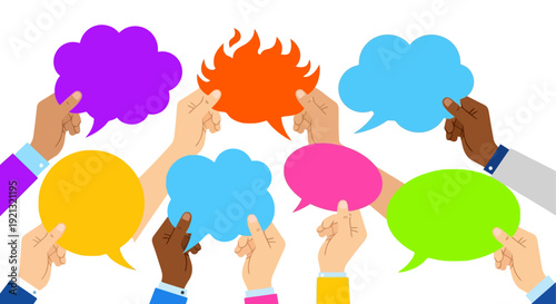 Diverse Hands Holding Colorful Speech Bubbles with Various Shapes.