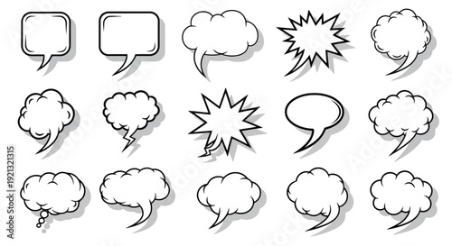 Collection of comic book speech bubbles and explosion shapes.