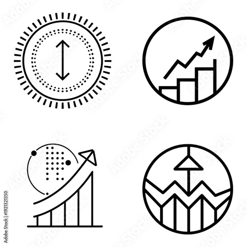 Set of circular icons representing growth, progress, and data analysis with upward trends and charts.
