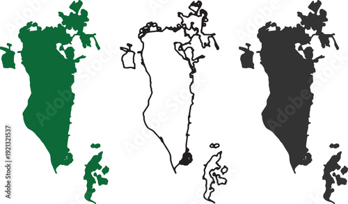 Bahrain Map Silhouette Collection – High Resolution Country Outline Vector Icons in Solid Green, Outline, and Black Styles for Middle East Geographic Design