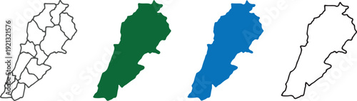 Lebanon Map Silhouette Collection with Administrative Districts - Four Styles Vector Illustration: Outline, Solid Green, Solid Blue, and Boundary Map of the Lebanese Republic
