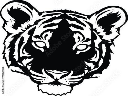 A black and white illustration of a tiger's face