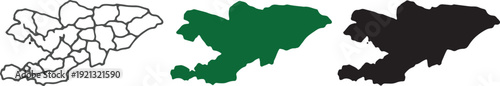 Kyrgyzstan Map Silhouette Set with Administrative Districts - Vector Outline, Solid Green, and Black Icons for Infographic and Geographic Design