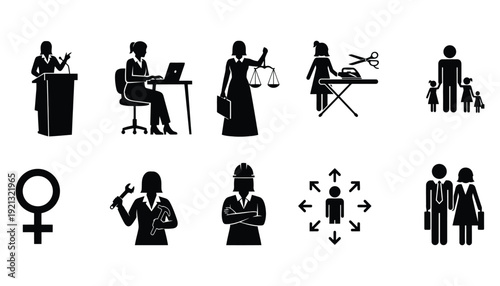 Gender equality business silhouette icons set