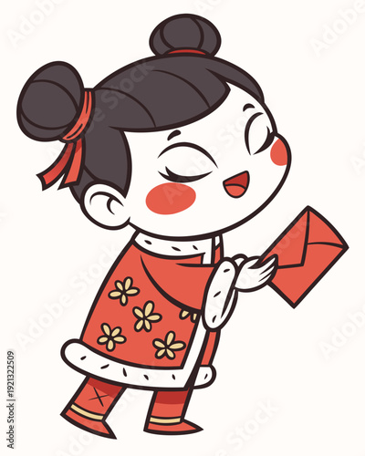 A smiling girl with rosy cheeks and her hair styled in two buns (ox horns) tied with red ribbons.