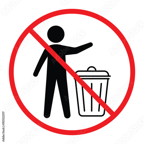 No littering prohibition sign showing a person throwing trash into a bin crossed by a red circle and diagonal line. Simple black pictogram on light background, ideal for public notice, hygiene and saf
