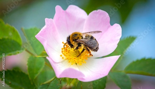 A fuzzy bee is nestled within a soft pink flower, showcasing its vibrant yellow center against blurred green leaves