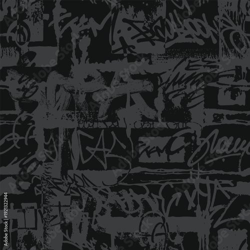 Monochrome black graffiti background with letter and tags. Seamless handwriting street art pattern. Grunge style textile print. Vector wallpaper