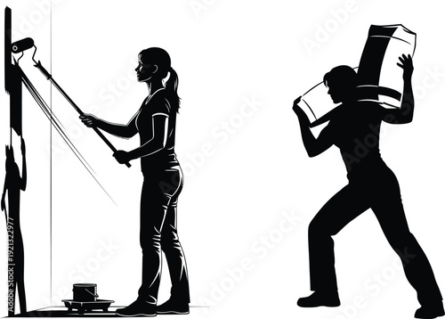 Workers engaged in manual labor silhouette