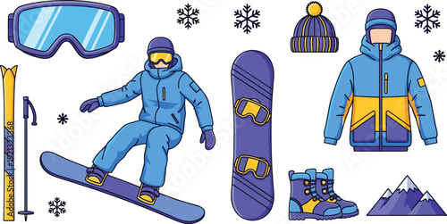 Winter sports set with a snowboarder, snow goggles, mountain peaks, winter jacket, beanie and snowboard on white background.