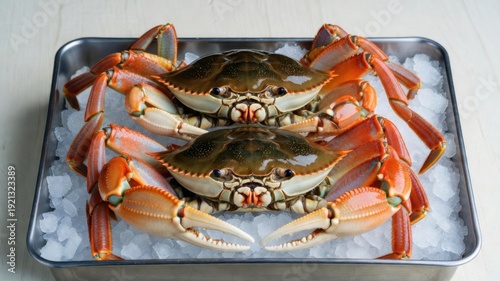 Two fresh crabs on ice in metal tray displayed for seafood preparation.