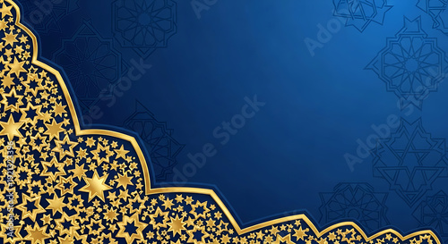A blue and gold background with a starry night sky design