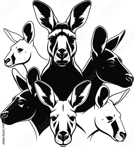 Collection of five donkey heads in black and white