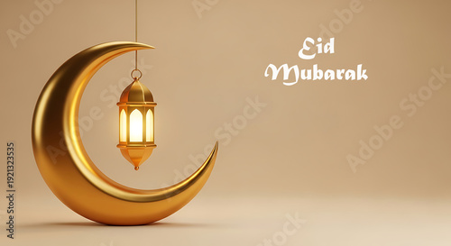 A golden crescent moon with a hanging lantern and eid mubarak text