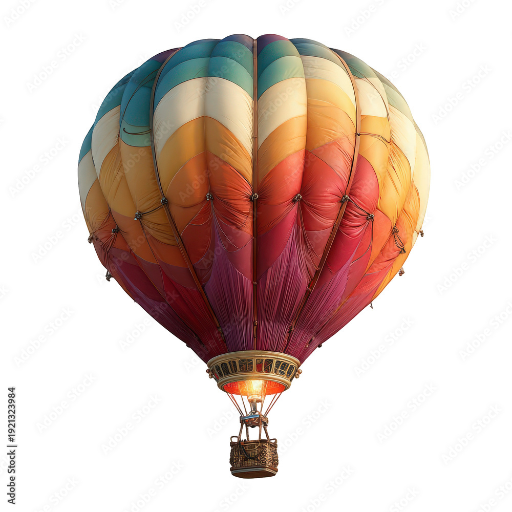 Fototapeta premium Colorful hot air balloon floating with vibrant rainbow stripes isolated on transparent background