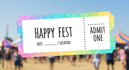 Colorful happy fest ticket with blurred festival background and people