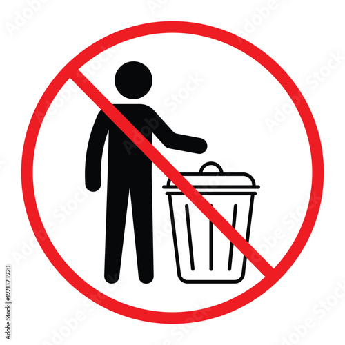 No littering prohibition sign showing a person throwing trash into a bin crossed by a red circle and diagonal line. Simple black pictogram on light background, ideal for public notice, hygiene and saf