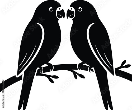 Black silhouette of two lovebirds sitting on a tree branch facing each other, romantic bird couple vector illustration, isolated tropical parrot icons.