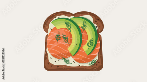Delicious open faced sandwich with smoked salmon avocado and dill dark rye bread