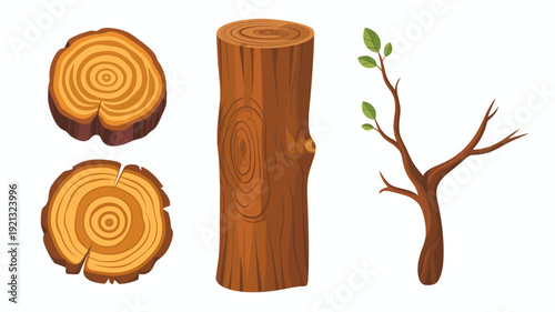 Flat of wood logs and a bare tree branch with green leaves timber