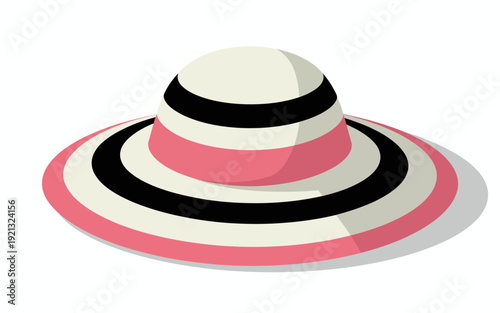 Striped wide brim sun hat with pink black and cream bands isolated white background