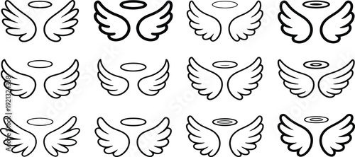Minimalist Angel Wings & Halo Clipart Set - Divine Heavenly Vector Line Art Illustrations