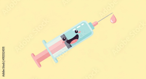 Cartoon syringe with a smiling face injecting pink liquid on a yellow background for medical or vaccination concepts