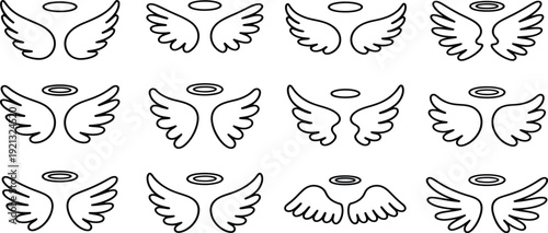 Minimalist Angel Wings & Halo Clipart Set - Divine Heavenly Vector Line Art Illustrations
