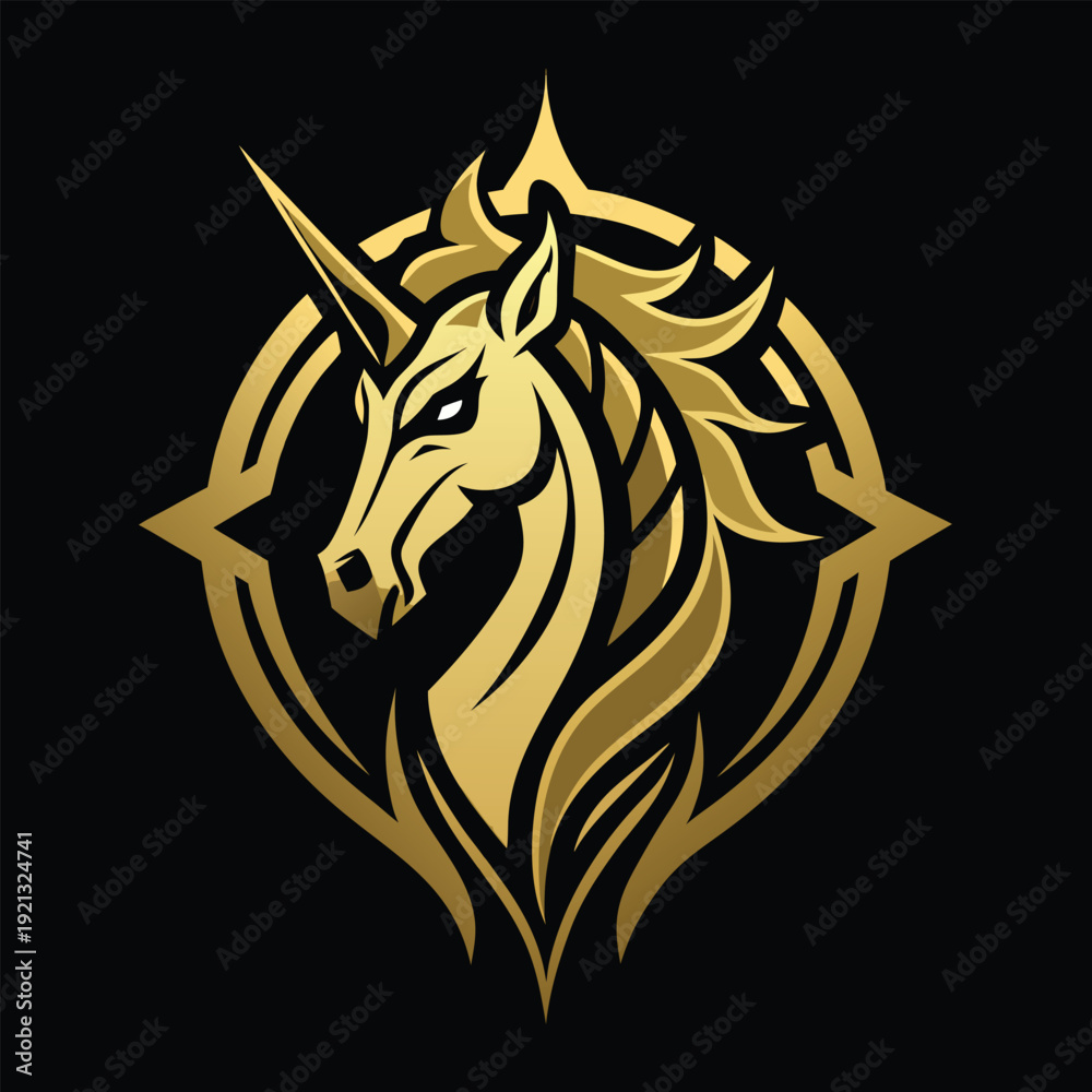 Obraz premium Majestic golden unicorn head vector emblem with a sharp horn and flowing mane, encircled by an ornate compass star design, isolated on a dark background.