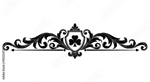 Detailed black vector graphic displaying a sophisticated classical ornamental design with a central elegant shield housing a prominent three-leaf shamrock clover, beautifully framed by symmetrical .