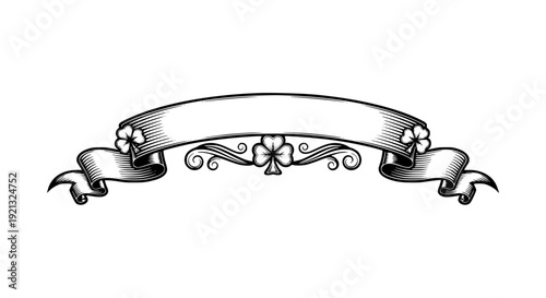banner, ribbon, scroll, clover, shamrock, vintage, engraving, illustration, vector, antique, ornate, emblem, decoration, graphic, element, heraldry, flourish, swirl, celtic, irish, holiday, st, patric