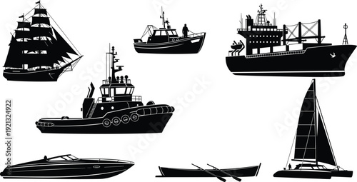 Boat and ship silhouettes collection, cargo vessel, sailboat, tugboat, yacht and fishing boat isolated on white background, maritime transport vector illustration