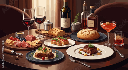 A sumptuous dinner setup with gourmet dishes and fine wines on a wooden table in an elegant dining room from a high angle view