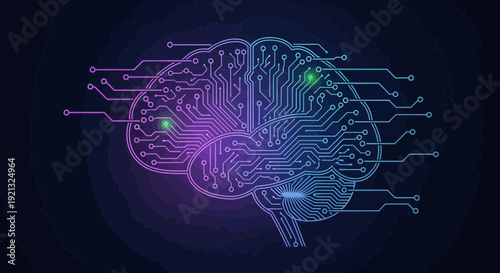 A futuristic human brain illustration with circuit boards and wires, showcasing technology and innovation, viewed from the side