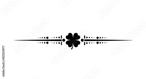 A stylized black four-leaf clover symbol centered within an elegant horizontal decorative line divider, featuring subtle dot patterns and vertical bar accents, perfect for page breaks, headings.