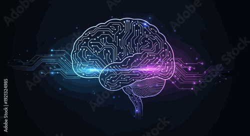 A glowing digital illustration of a human brain with neural connections on a dark background viewed from the side