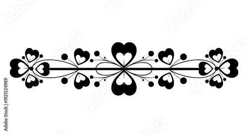 Elegant black and white ornamental divider design featuring stylized heart shapes and decorative floral elements for graphic embellishment on transparent background