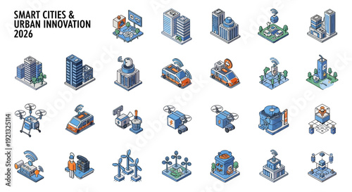 Isometric illustration of urban innovation and smart city infrastructure featuring robotic machinery, buildings, and technology from an aerial viewpoint