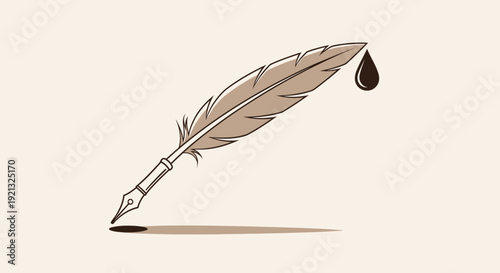 A feather quill pen with ink dropping, poised for writing, illustrated in a minimalist style from a slight overhead viewpoint