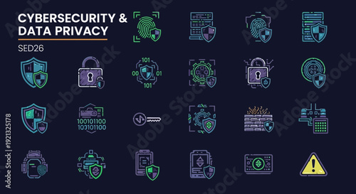 Cybersecurity icons collection showcasing data privacy and protection measures in a digital landscape viewed from a secure perspective.