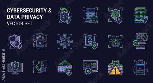 Cybersecurity icons collection featuring data protection symbols on a dark background from a straightforward viewpoint