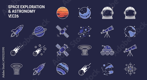 A collection of astronomy and space exploration icons featuring planets, spaceships, and telescopes from a top-down viewpoint.