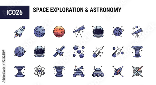 Collection of astronomy and space exploration icons featuring planetary bodies and spacecraft elements