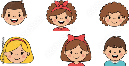 Cute boy and girl faces set with happy smiling expressions and various hairstyles isolated on white background.