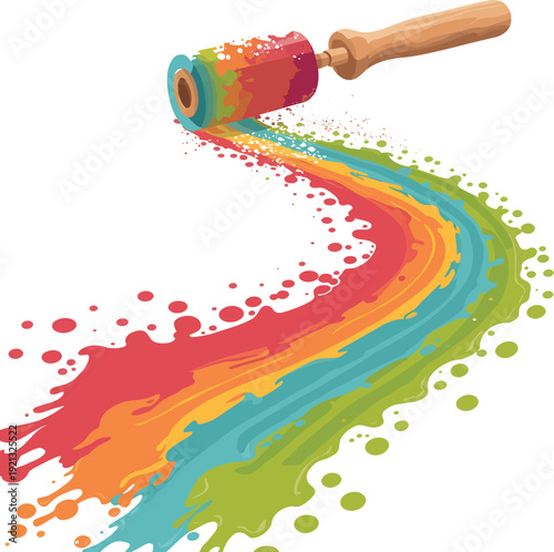 A colorful paint roller creates a vibrant flowing rainbow stripe across a blank white background symbolizing creativity art design decoration and joyful expression