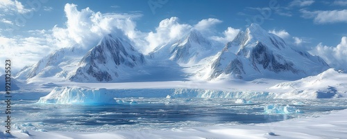 Majestic snow-covered mountains and expansive glaciers with floating icebergs on a calm icy sea beneath a bright blue sky and billowing clouds, serene and pristine