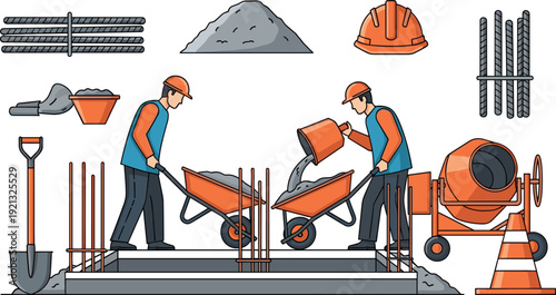 Construction set with workers pouring concrete, wheelbarrows, cement mixer, safety helmet and rebar on white background.