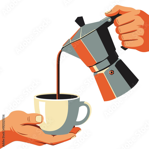 Pouring coffee from moka pot into cup held by hands