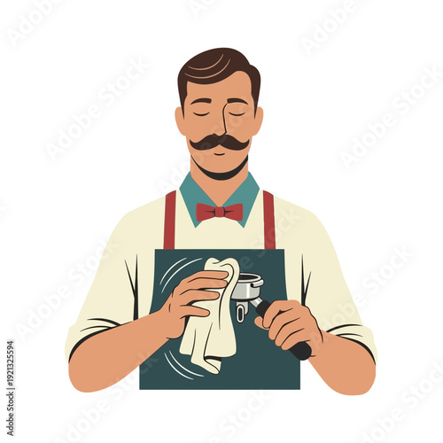 Barista cleaning espresso portafilter, retro style