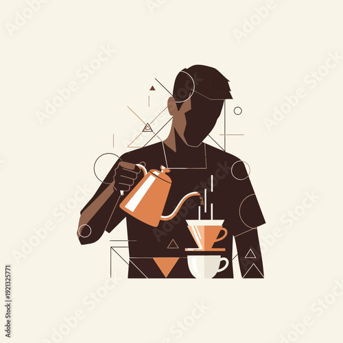 Barista pouring coffee into cup, geometric abstract background